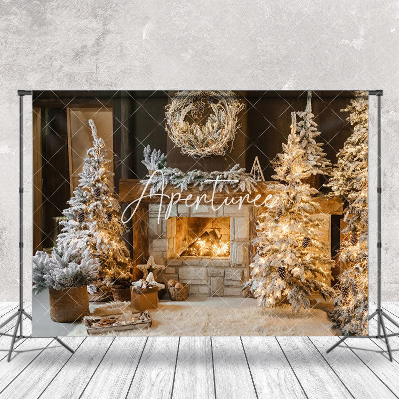 Aperturee - Aperturee Indoor Snowy Trees Warm Fireplace Christmas Backdrop