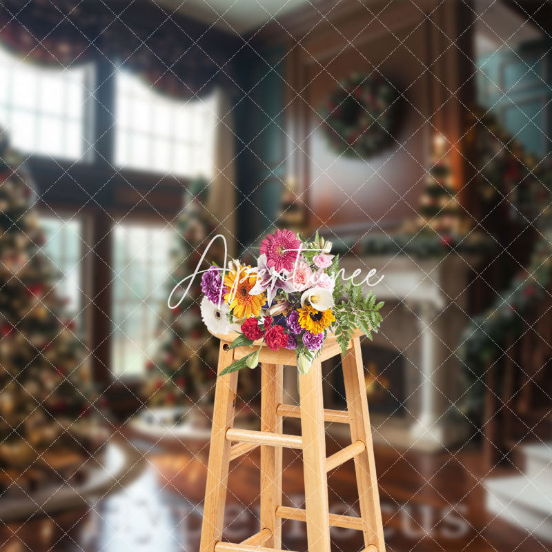 Aperturee - Aperturee Indoor Stairs Retro Green Brown Christmas Backdrop