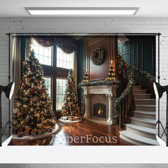 Aperturee - Aperturee Indoor Stairs Retro Green Brown Christmas Backdrop