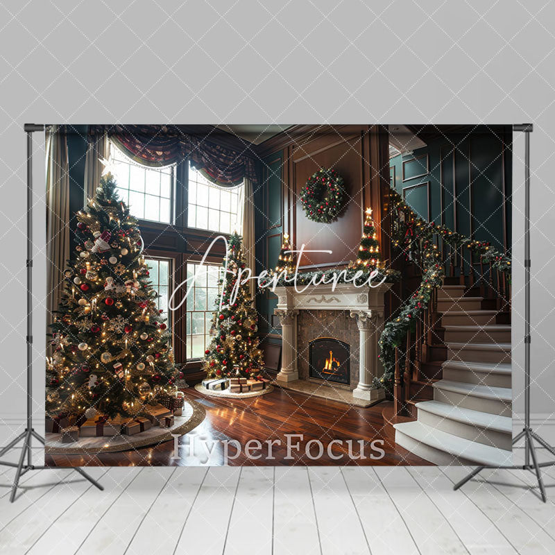 Aperturee - Aperturee Indoor Stairs Retro Green Brown Christmas Backdrop