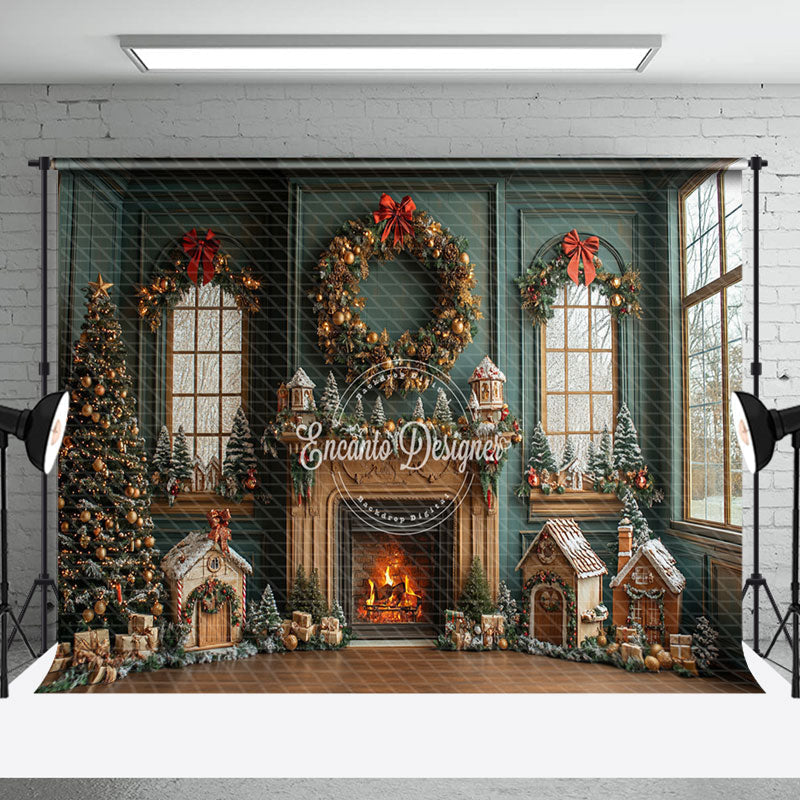 Aperturee - Aperturee Indoor Teal Room Fireplace Trees Christmas Backdrop