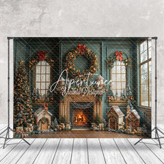 Aperturee - Aperturee Indoor Teal Room Fireplace Trees Christmas Backdrop