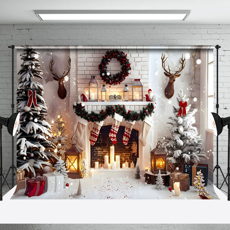 Aperturee - Aperturee Indoor White Fireplace Deer Head Christmas Backdrop