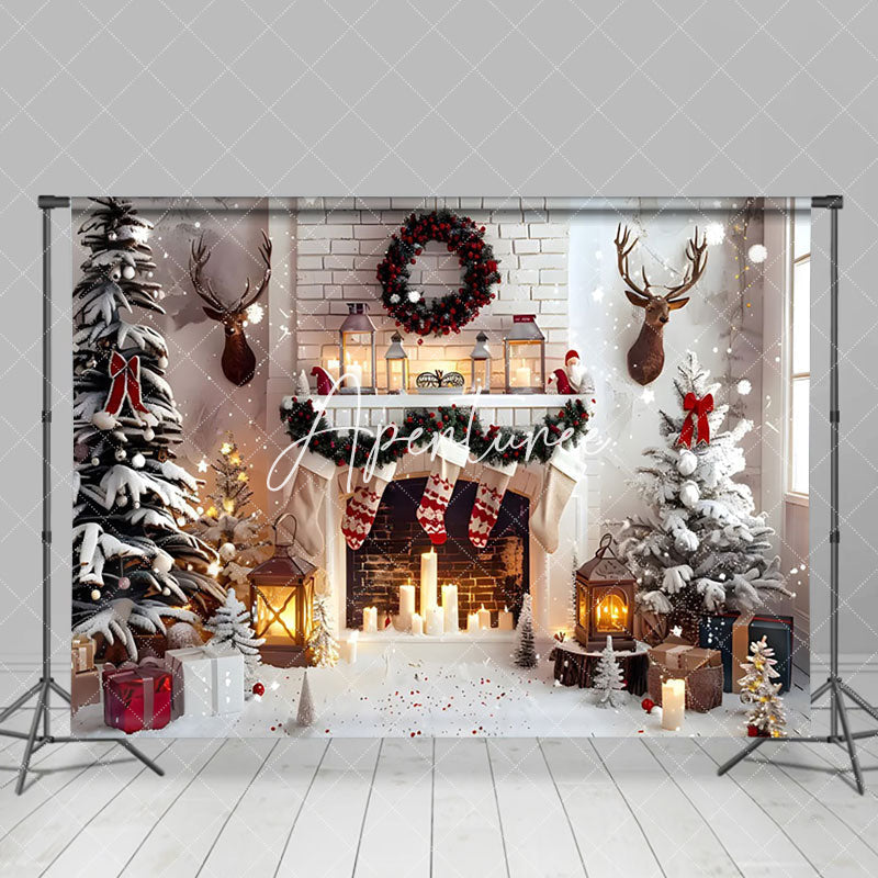 Aperturee - Aperturee Indoor White Fireplace Deer Head Christmas Backdrop