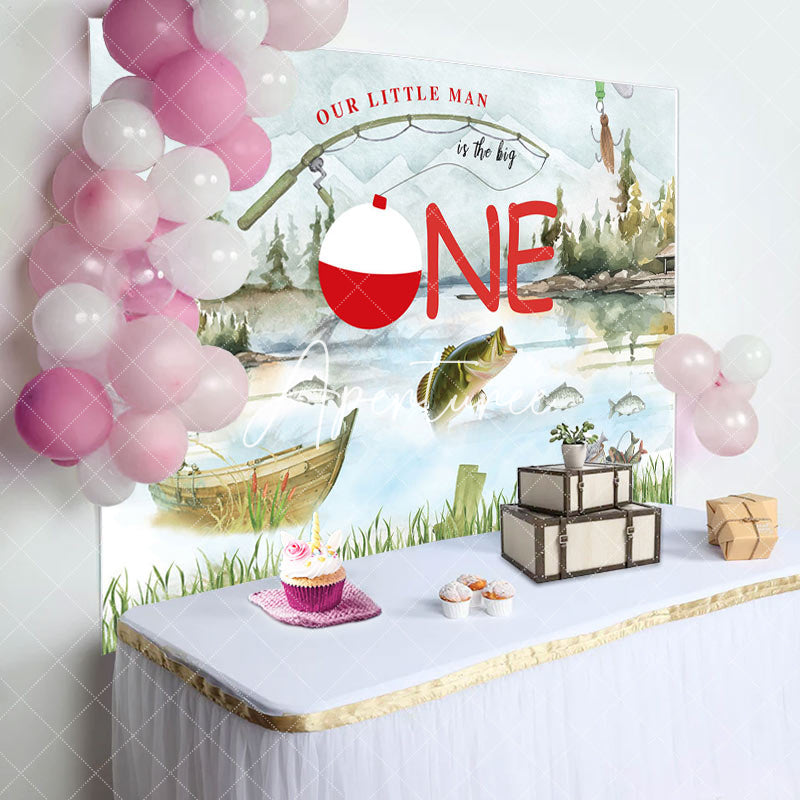 Aperturee - Aperturee Ink Painted Lake Forest Scene 1st Birthday Backdrop