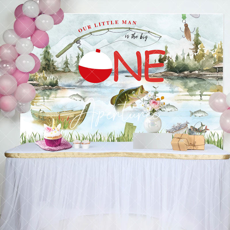 Aperturee - Aperturee Ink Painted Lake Forest Scene 1st Birthday Backdrop