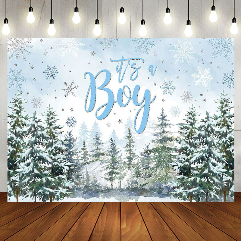 Aperturee - Aperturee Its A Boy Snowy Forest Trees Baby Shower Backdrop