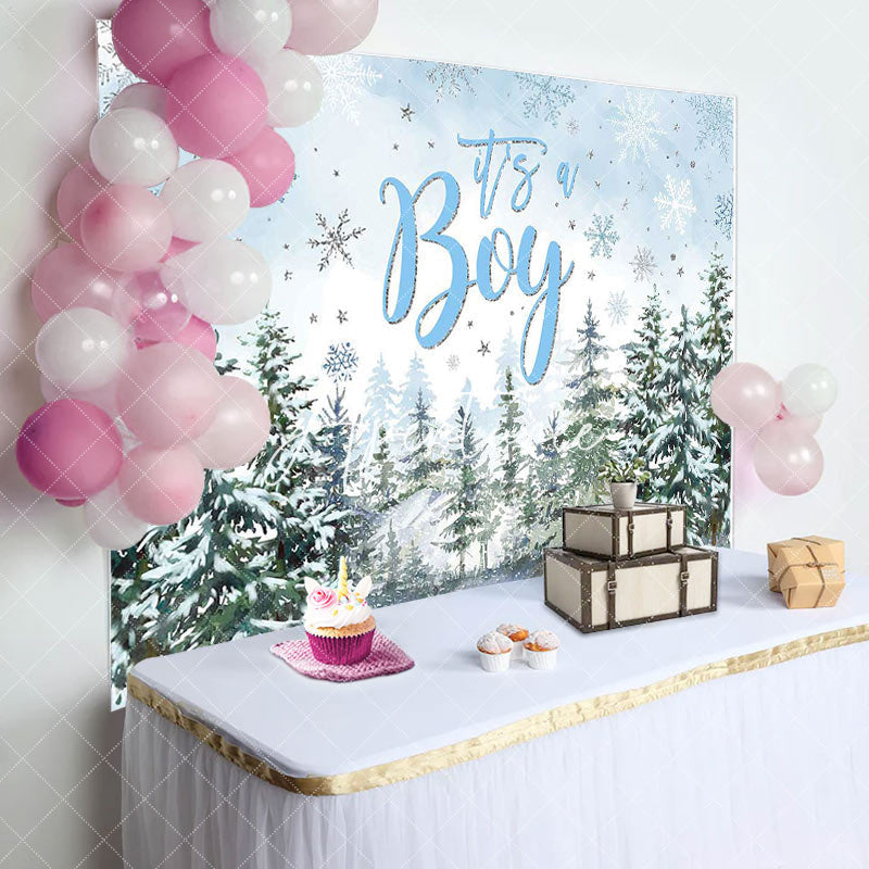 Aperturee - Aperturee Its A Boy Snowy Forest Trees Baby Shower Backdrop