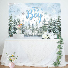 Aperturee - Aperturee Its A Boy Snowy Forest Trees Baby Shower Backdrop