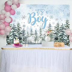 Aperturee - Aperturee Its A Boy Snowy Forest Trees Baby Shower Backdrop