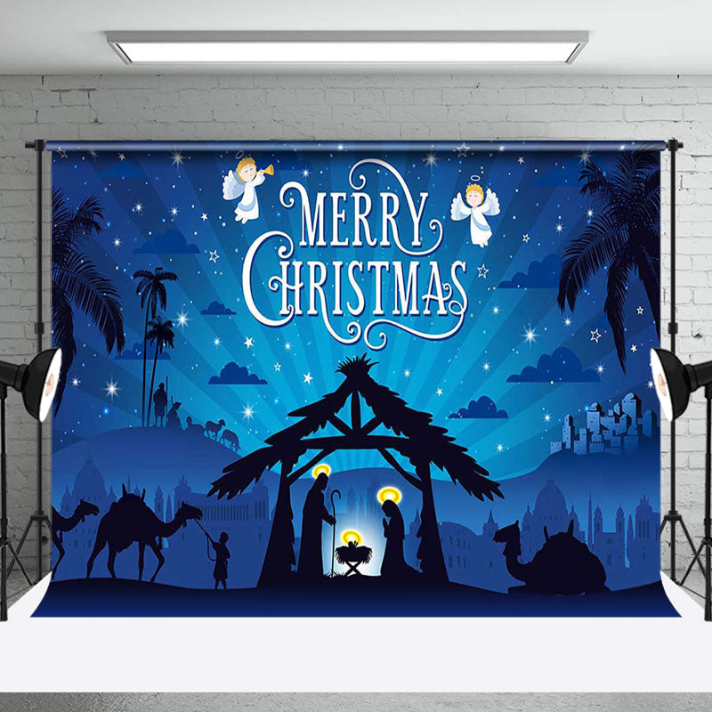 Aperturee - Aperturee Jesus Birth Blue Night Shed Merry Christmas Backdrop