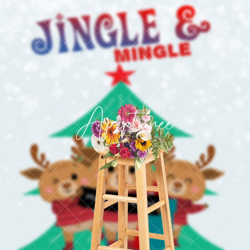 Aperturee - Aperturee Jingle Mingle Green Pine Tree Elk Christmas Backdrop