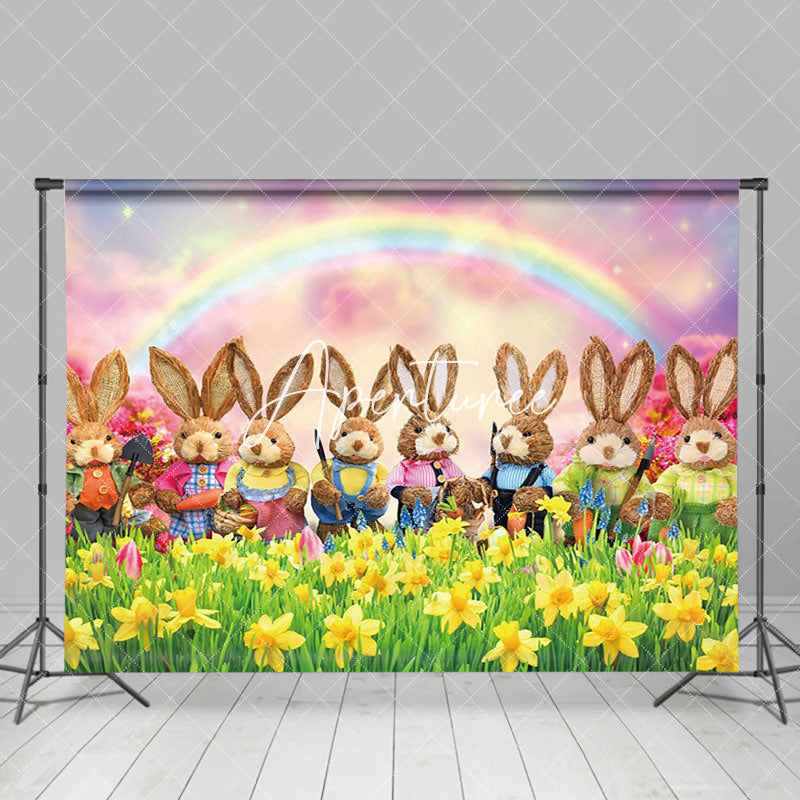 Aperturee - Aperturee Joyful Bunny Gathering Yellow Daisy Meadow Backdrop