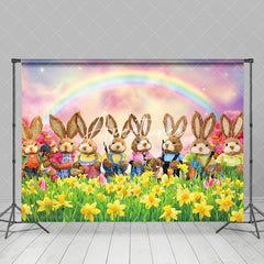 Aperturee - Aperturee Joyful Bunny Gathering Yellow Daisy Meadow Backdrop