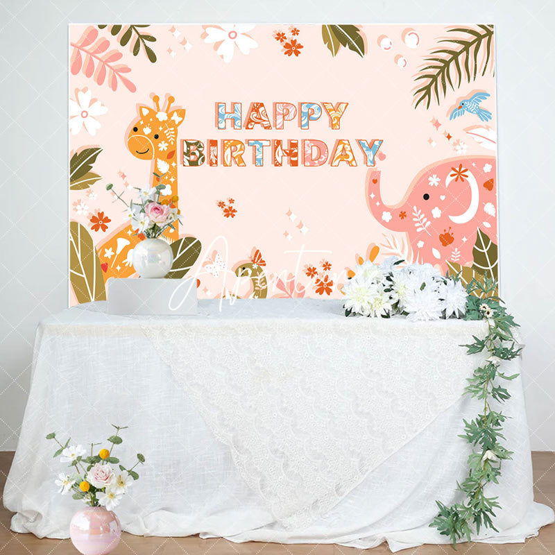 Aperturee - Aperturee Jungle Leaf Animals Floral Happy Birthday Backdrop