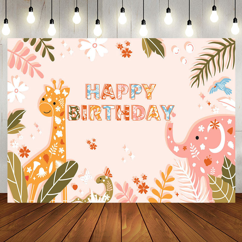 Aperturee - Aperturee Jungle Leaf Animals Floral Happy Birthday Backdrop