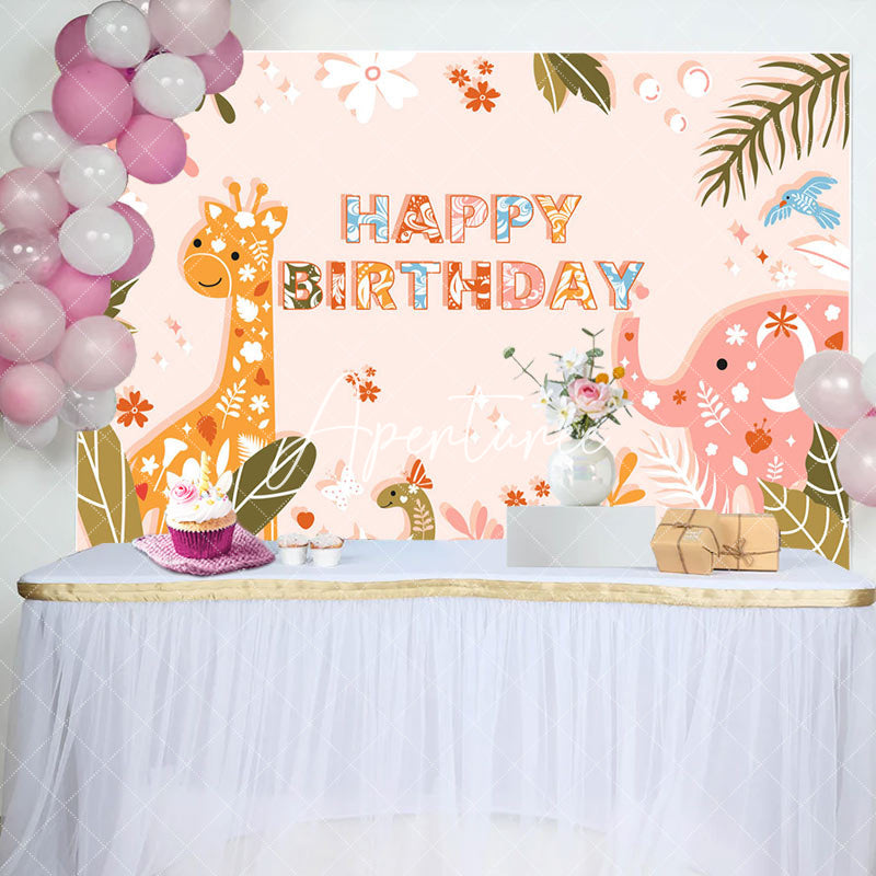 Aperturee - Aperturee Jungle Leaf Animals Floral Happy Birthday Backdrop