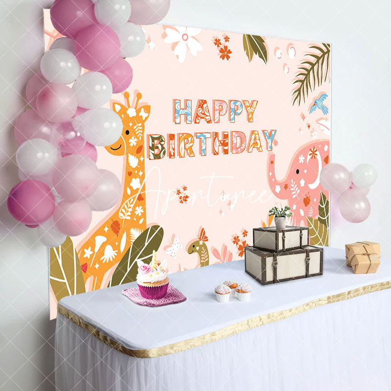 Aperturee - Aperturee Jungle Leaf Animals Floral Happy Birthday Backdrop