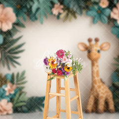 Aperturee - Aperturee Jungle Plant Floral Giraffe Cake Smash Photo Backdrop