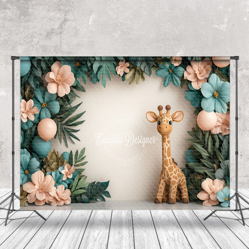 Aperturee - Aperturee Jungle Plant Floral Giraffe Cake Smash Photo Backdrop