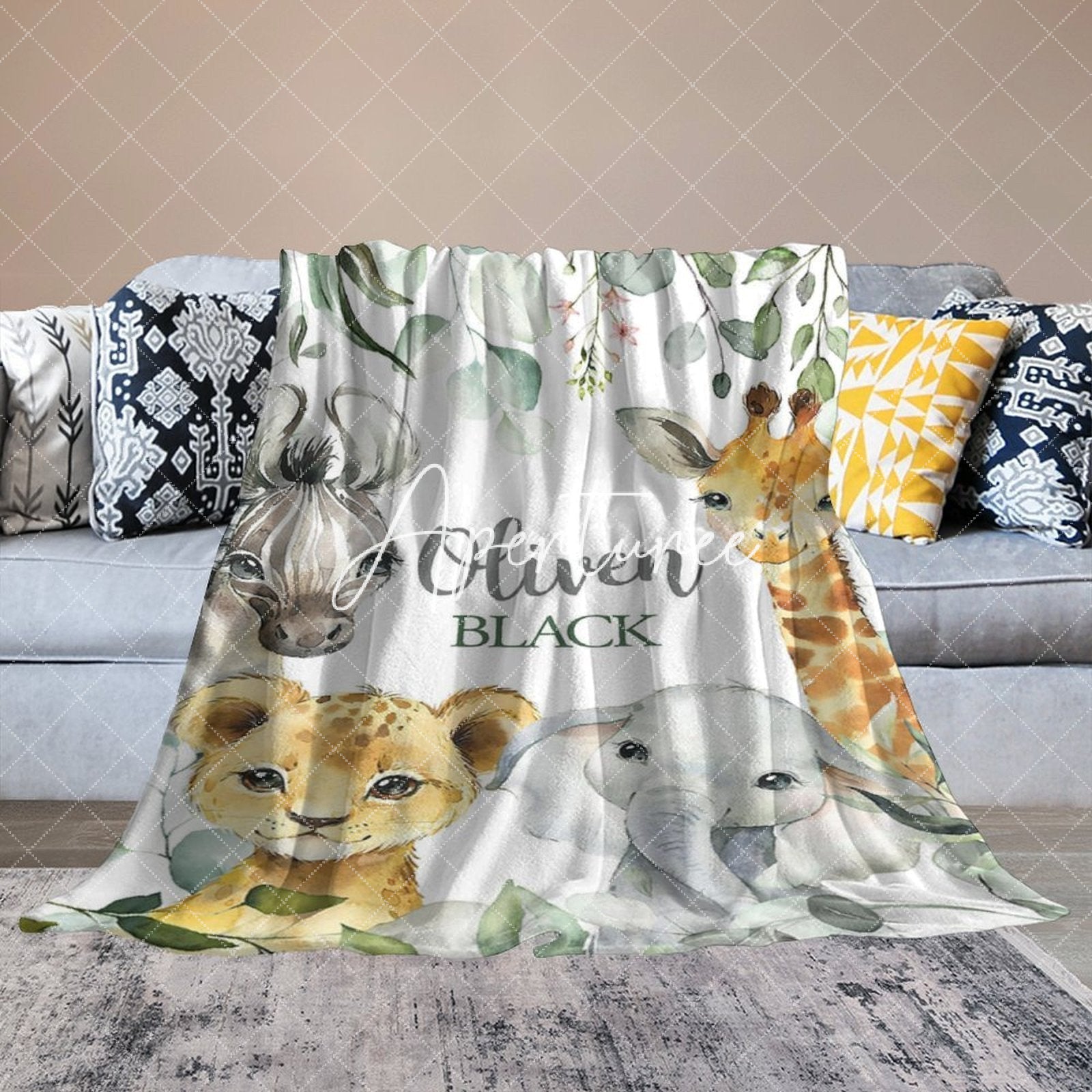 Aperturee - Aperturee Jungle Safari Wild Baby Animals Custom Name Blanket