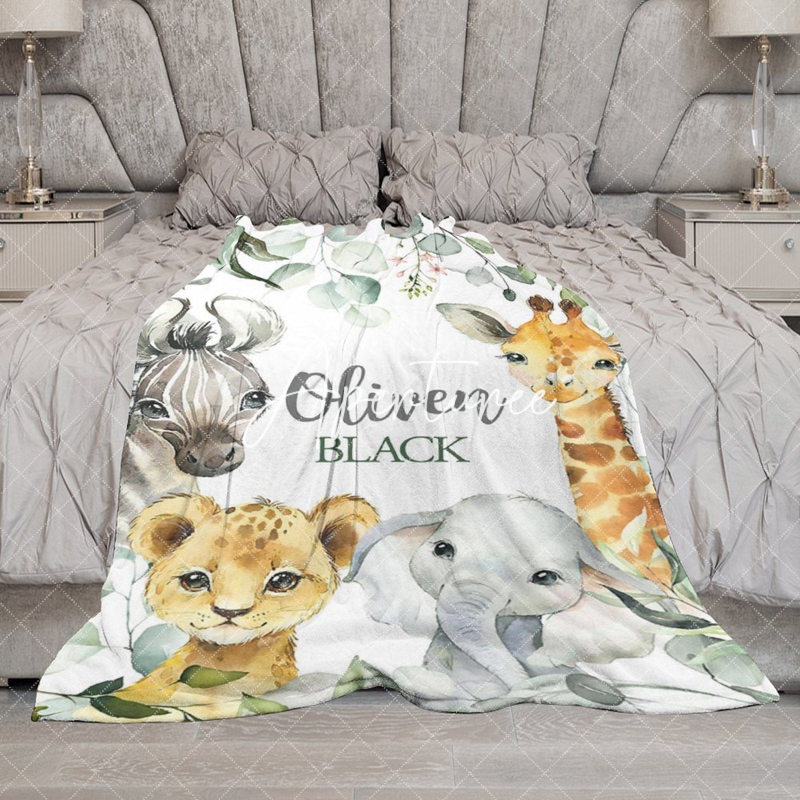 Aperturee - Aperturee Jungle Safari Wild Baby Animals Custom Name Blanket