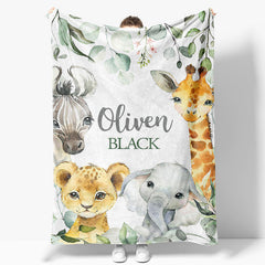 Aperturee - Aperturee Jungle Safari Wild Baby Animals Custom Name Blanket