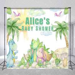 Aperturee - Aperturee Jungle Tree Dinosaur Custom Name Baby Shower Backdrop