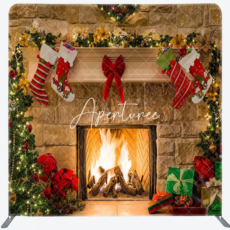 Aperturee - Aperturee Khaki Brick Fireplace Christmas Pillow Case Backdrop