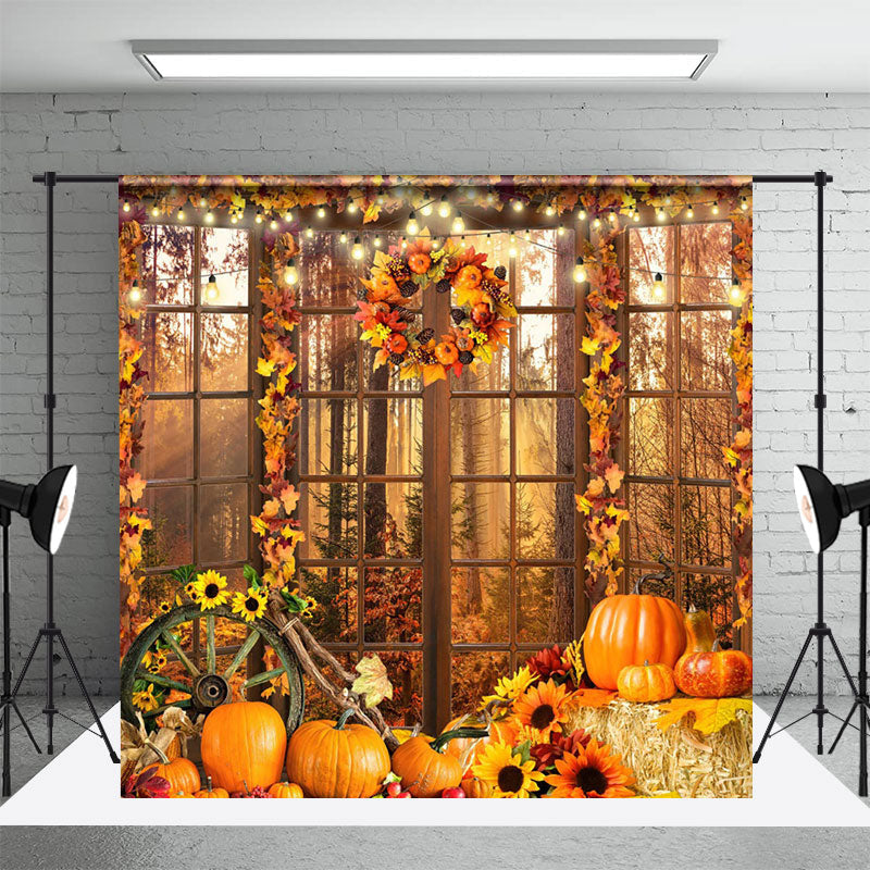 Aperturee - Aperturee Leaves Autumn Window Pumpkin Photography Backdrop