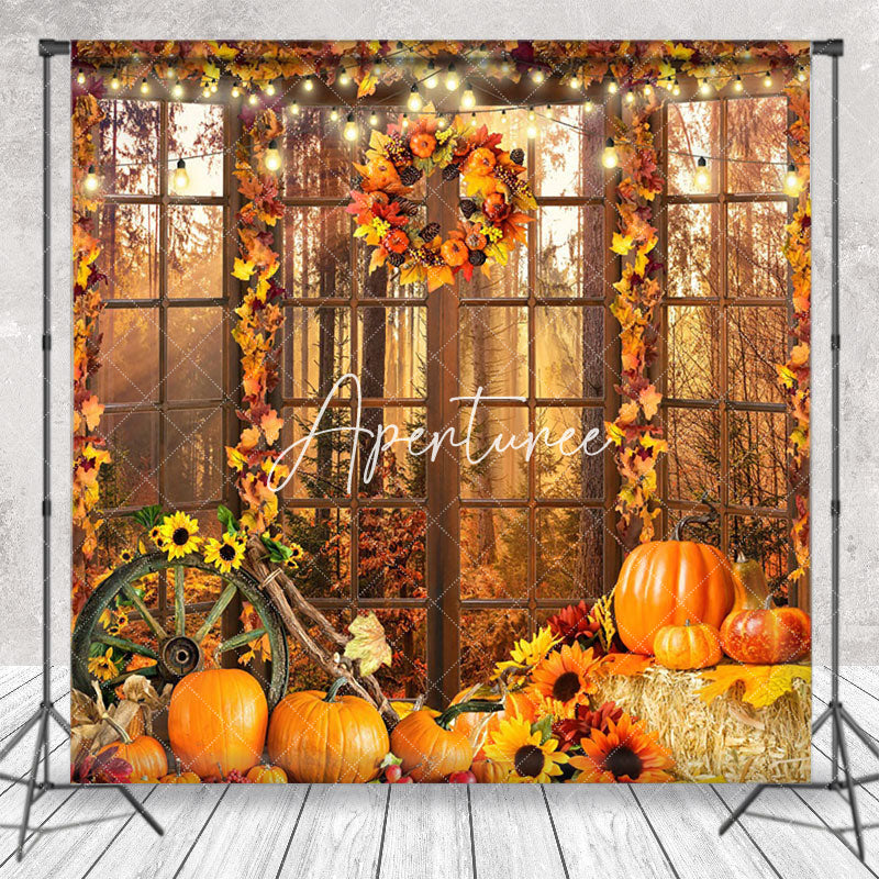 Aperturee - Aperturee Leaves Autumn Window Pumpkin Photography Backdrop