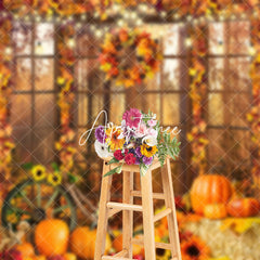 Aperturee - Aperturee Leaves Autumn Window Pumpkin Photography Backdrop