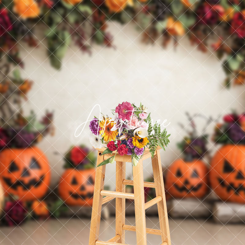 Aperturee - Aperturee Leaves Floral Potted Pumpkins Halloween Backdrop