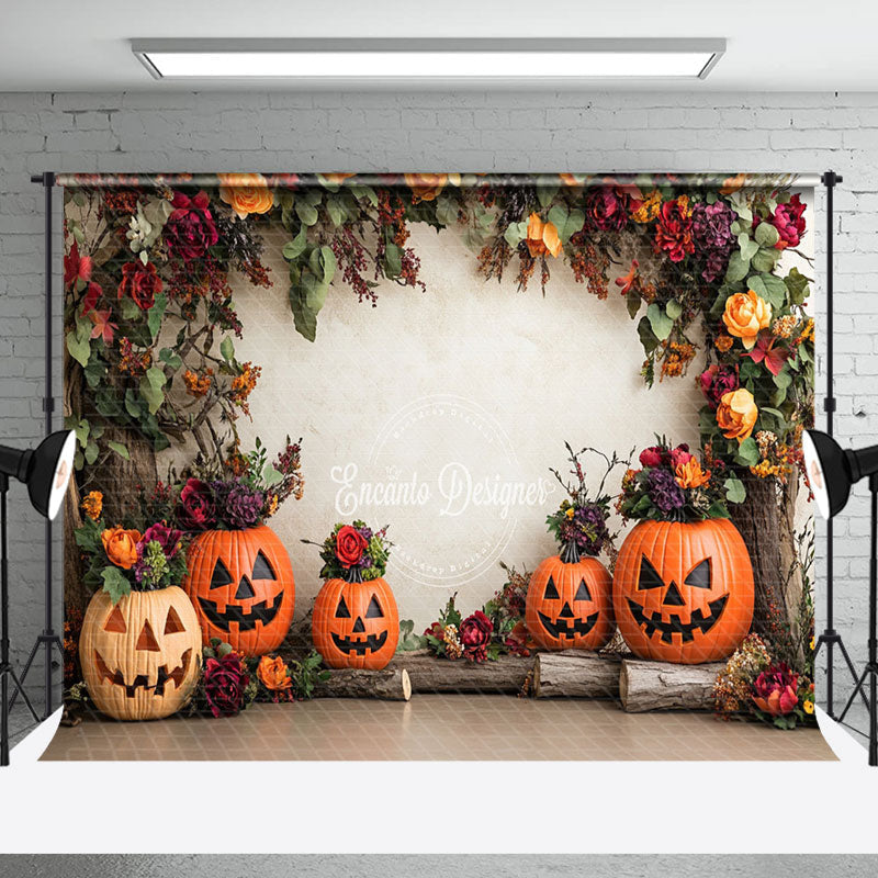 Aperturee - Aperturee Leaves Floral Potted Pumpkins Halloween Backdrop