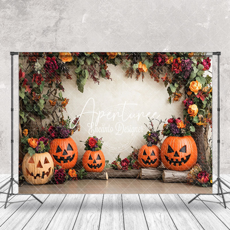 Aperturee - Aperturee Leaves Floral Potted Pumpkins Halloween Backdrop