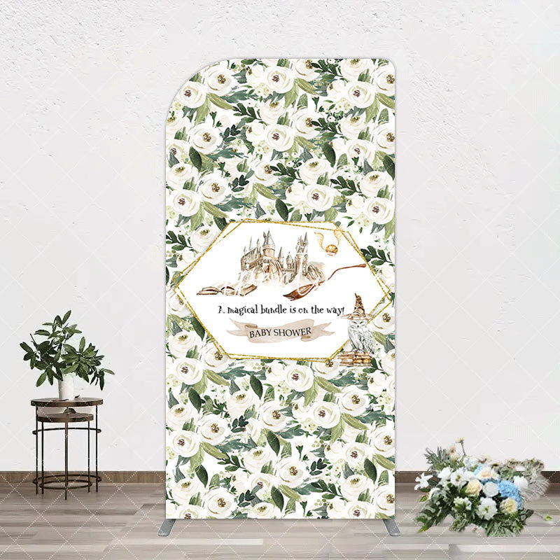 Aperturee - Aperturee Leaves White Floral Magic Arch Baby Shower Backdrop