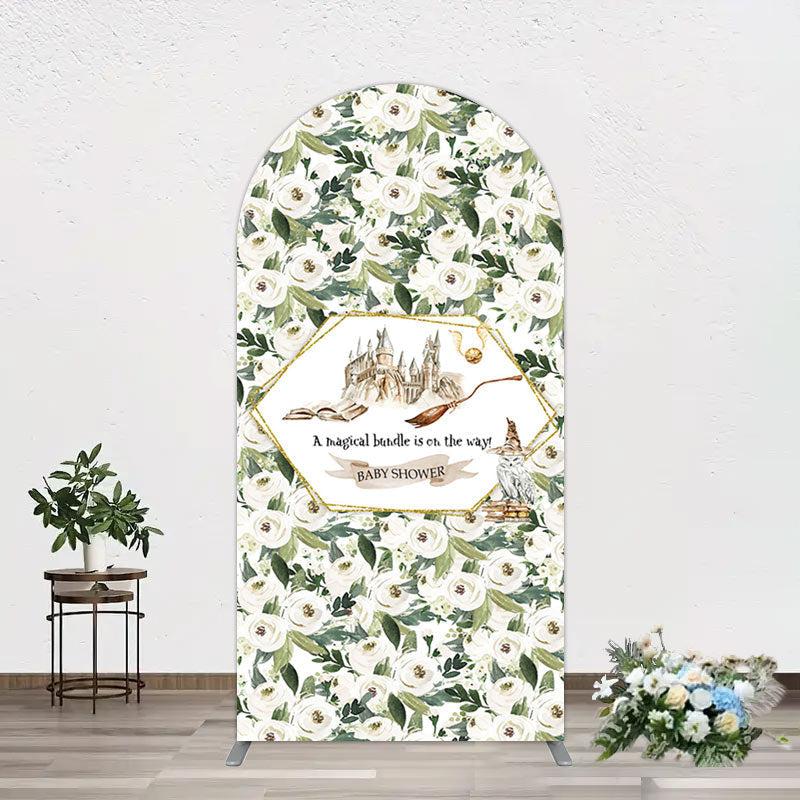 Aperturee - Aperturee Leaves White Floral Magic Arch Baby Shower Backdrop