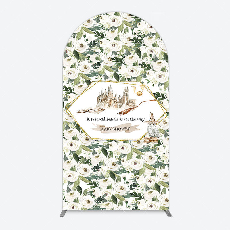 Aperturee - Aperturee Leaves White Floral Magic Arch Baby Shower Backdrop