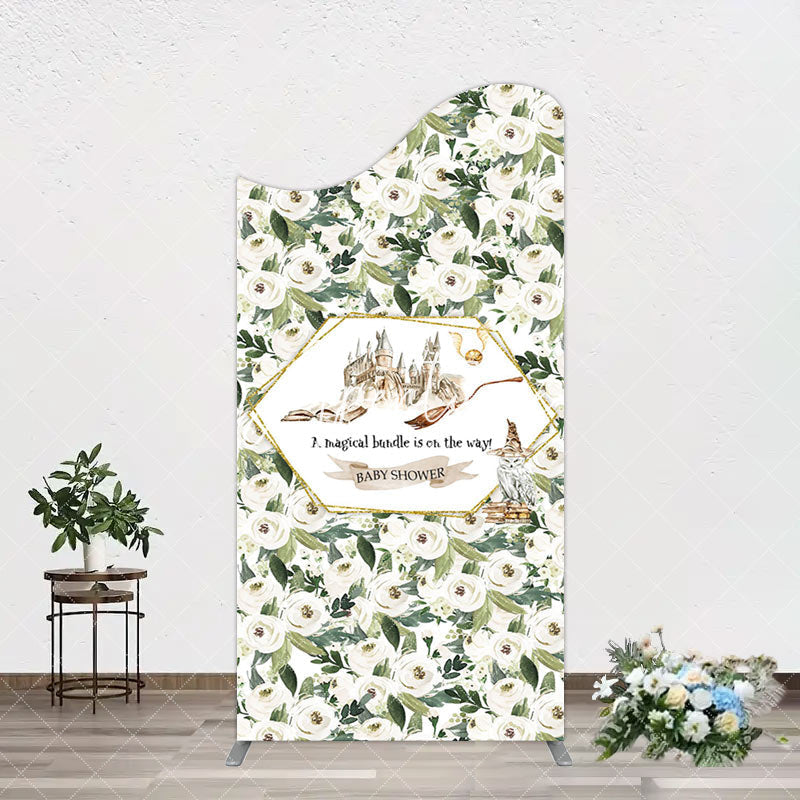 Aperturee - Aperturee Leaves White Floral Magic Arch Baby Shower Backdrop