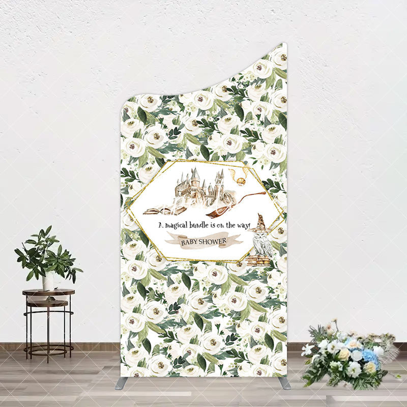 Aperturee - Aperturee Leaves White Floral Magic Arch Baby Shower Backdrop