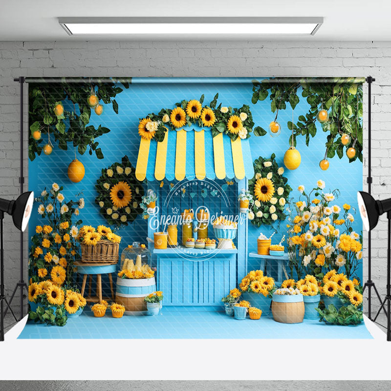 Aperturee - Aperturee Lemon Tree Blue Stand Floral Summer Photo Backdrop