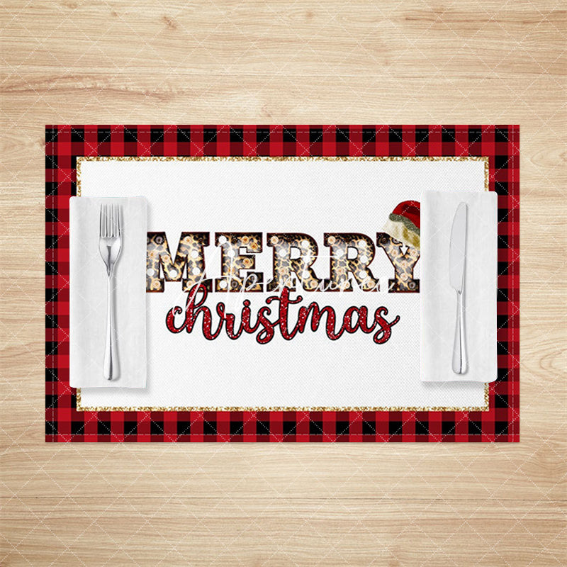 Aperturee - Aperturee Leopard Merry Christmas Red Plaid Set Of 4 Placemats