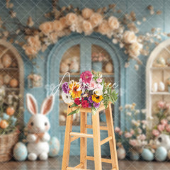 Aperturee - Aperturee Light Blue Floral Shelf Bunny Easter Photo Backdrop