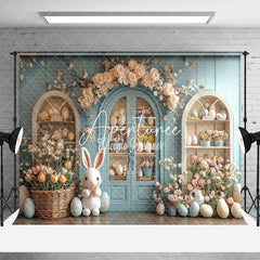 Aperturee - Aperturee Light Blue Floral Shelf Bunny Easter Photo Backdrop