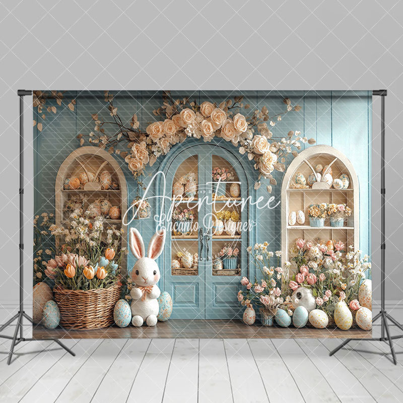 Aperturee - Aperturee Light Blue Floral Shelf Bunny Easter Photo Backdrop