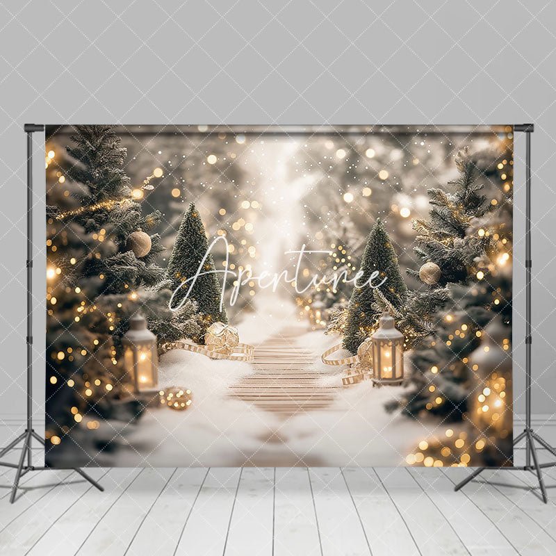 Aperturee - Aperturee Light Bokeh Pine Tree Forest Path Christmas Backdrop