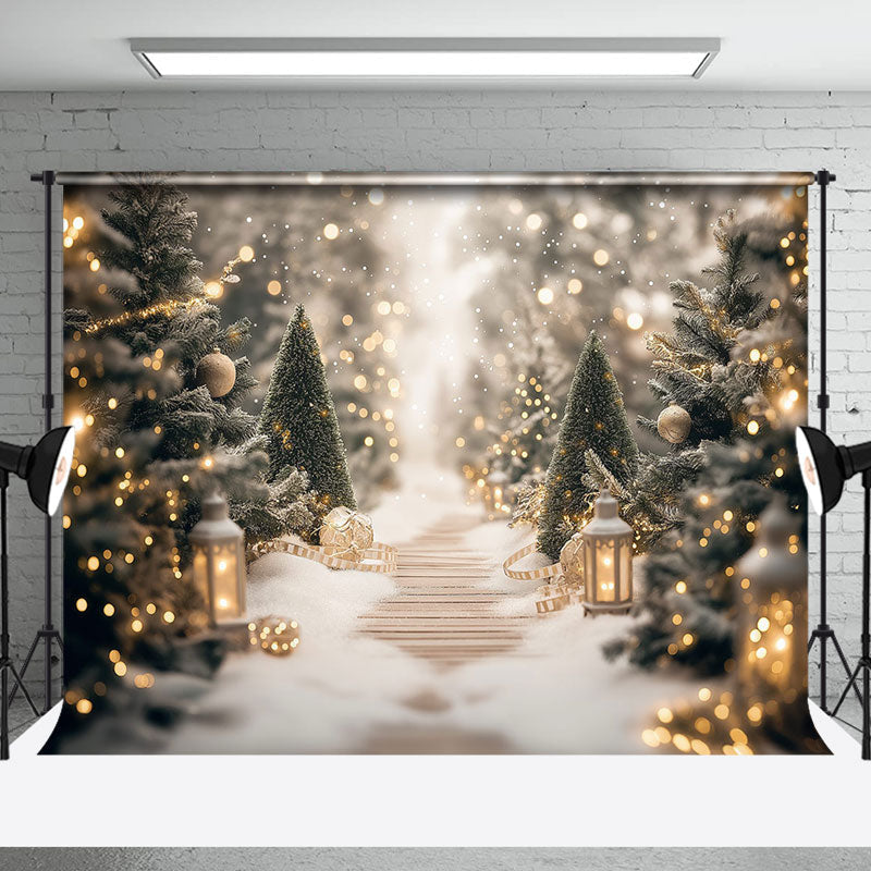 Aperturee - Aperturee Light Bokeh Pine Tree Forest Path Christmas Backdrop