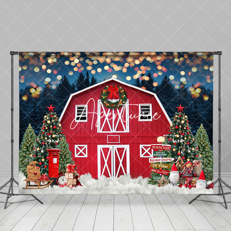 Aperturee - Aperturee Light Bokeh Red Barn Night Forest Christmas Backdrop