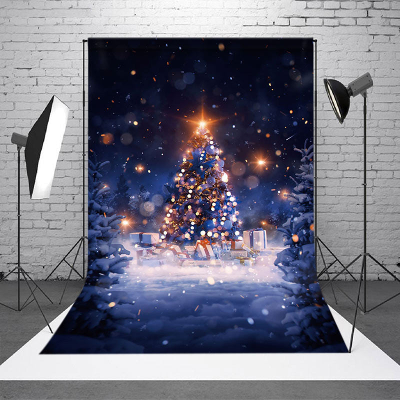 Aperturee - Aperturee Light Bokeh Snowy Forest Christmas Tree Backdrop