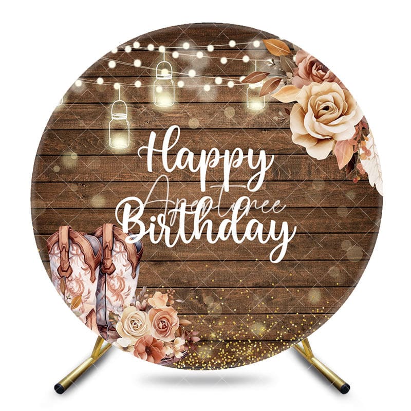 Aperturee - Aperturee Light Floral Cowgirl Wooded Round Birthday Backdrop